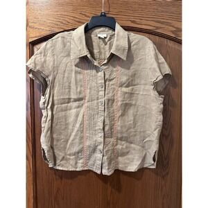 J.Jill Women's Linen Button Down Top Short Sleeve Beige Embroidered L